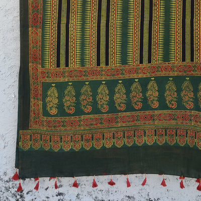 AASMA-Pure Cotton Ajrak Green With Rust Red Border Hand Block Print Dupatta