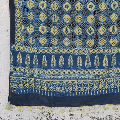 AASMA-Pure Cotton Ajrak Rust Blue And Green Intricate Design Hand Block Print Dupatta