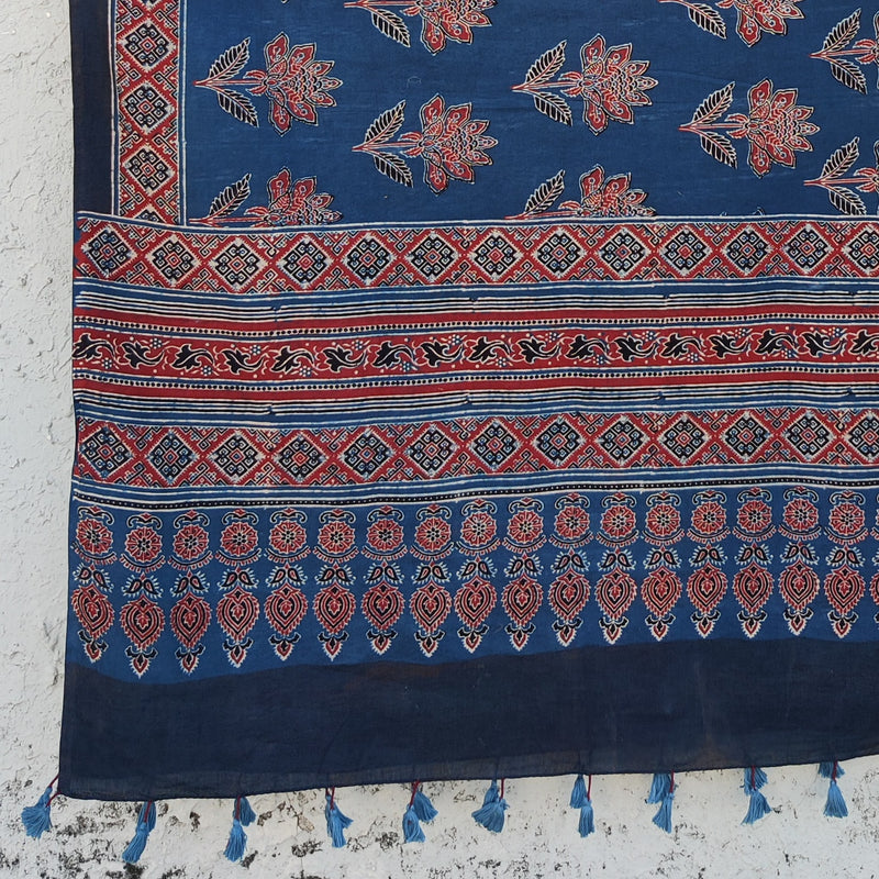 AASMA-Pure Cotton Ajrak Rust Blue With Rust Red  Flower Motif Hand Block Print Dupatta