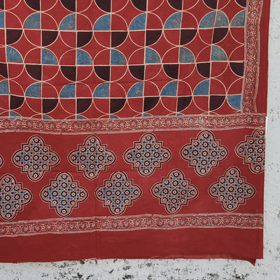 AASMA-Pure Cotton Ajrak Rust Red With Blue  Dupatta