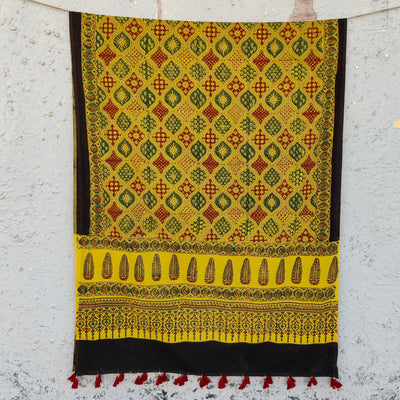 AASMA-Pure Cotton Ajrak Yellow Intricate Design Hand Block Print Dupatta