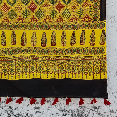 AASMA-Pure Cotton Ajrak Yellow Intricate Design Hand Block Print Dupatta