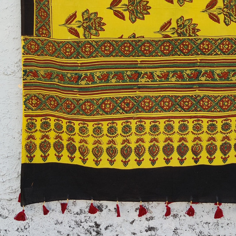AASMA-Pure Cotton Ajrak Yellow With Red  Flower Motif Hand Block Print Dupatta