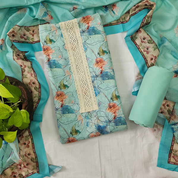 ADITI-Pure Cotton Blue With Chicken Kari With White Lace Neck Design Top And Cotton Blue Bottom And Cotton Dupatta