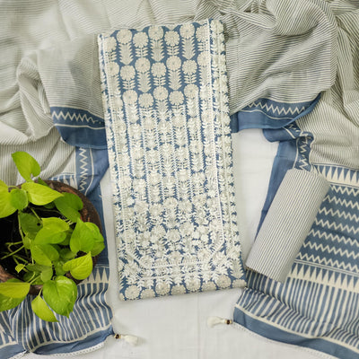 ADITI-Pure Cotton  Blue With Heavy Emboriderey Yoke Top And Pure Cotton Stripes Bottom And Cotton Dupatta