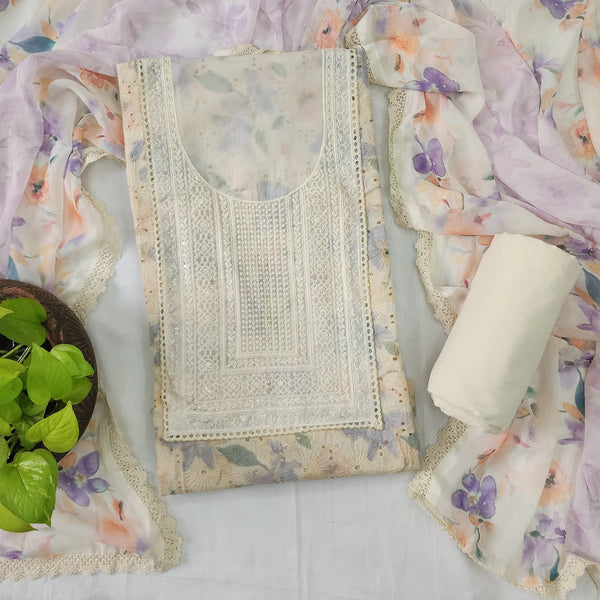 ADITI-Pure Cotton  Cream With Light Purple Flower Hakoba With Emboriderey Yoke Top And Plain Cream Bottom And Georgette Dupatta