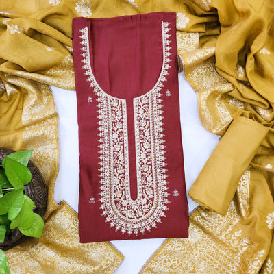 AFZARA-Cotton Silk Maroon With Beautiful Aari Work Yoke Top And Mustard Rayon Bottom And Brocade Work Mustard Dupatta Suit