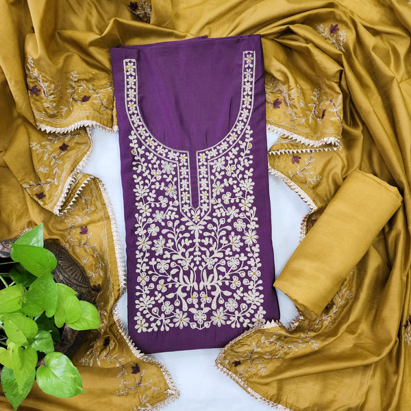 AFZARA-Cotton Silk Purple With Beautiful Aari Work Yoke Top And Mustard Rayon Bottom And Aari Work Mustard Dupatta Suit