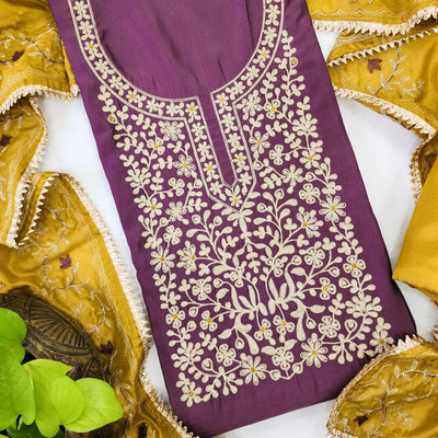 AFZARA-Cotton Silk Purple With Beautiful Aari Work Yoke Top And Mustard Rayon Bottom And Aari Work Mustard Dupatta Suit