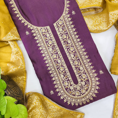 AFZARA-Cotton Silk Purple With Beautiful Aari Work Yoke Top And Mustard Rayon Bottom And Brocade Work Mustard Dupatta Suit