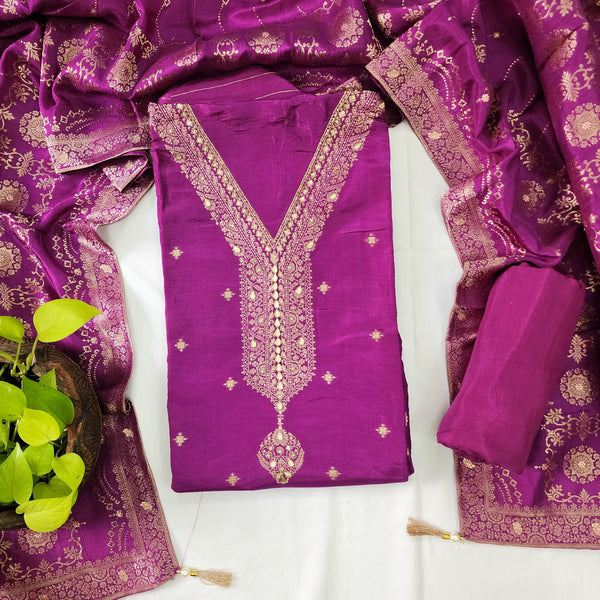 AFZARA-Cotton Silk Purple With Beautiful Aari Work Yoke Top And Purple Rayon Bottom And Brocade Work Purple Dupatta Suit