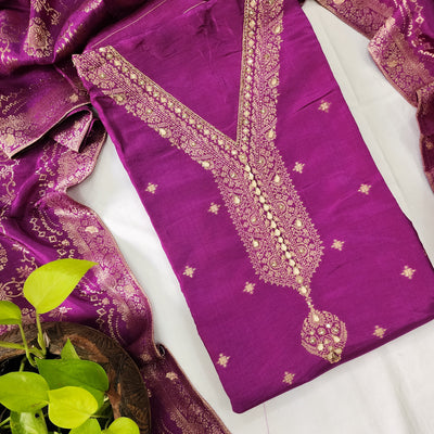 AFZARA-Cotton Silk Purple With Beautiful Aari Work Yoke Top And Purple Rayon Bottom And Brocade Work Purple Dupatta Suit