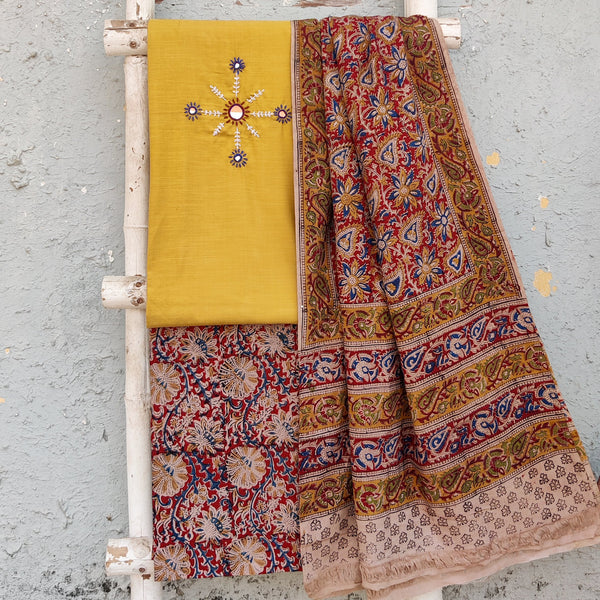 AISHA-Pure Cotton Mustard With Emboriderey Work On Neck And Kalamkari Bottom And Kalamkari Dupatta