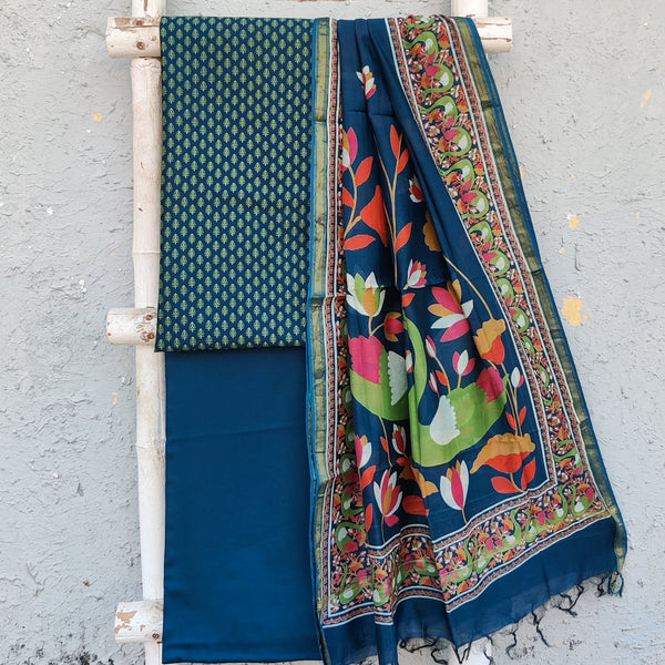 ANAISHA-Silk Cotton Dark Blue With Flower Motif Top And Dark Blue Rayon Plain Bottom And Hand Block Cotton Silk Intricate Design Dupatta