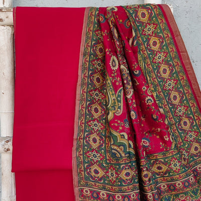 ANAISHA-Silk Cotton Pink Top And Pink Rayon Plain Bottom And Hand Block Cotton Silk Intricate Design Dupatta