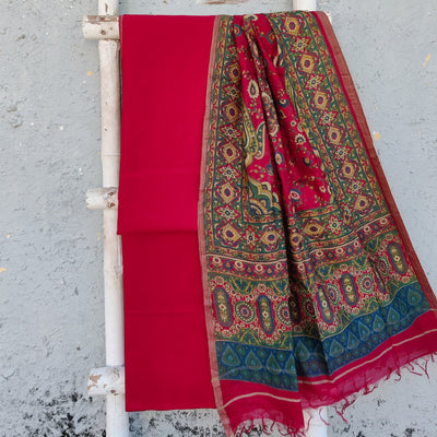 ANAISHA-Silk Cotton Pink Top And Pink Rayon Plain Bottom And Hand Block Cotton Silk Intricate Design Dupatta