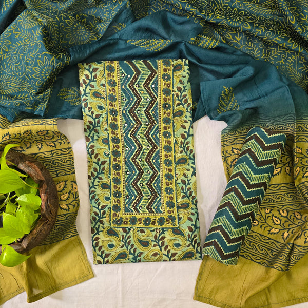 ANAYA- Soft Cotton Silk Vansapati  Green Design Top And Soft Cotton Silk  Green And Blue Zig-Zag Bottom And Cotton Silk Dupatta