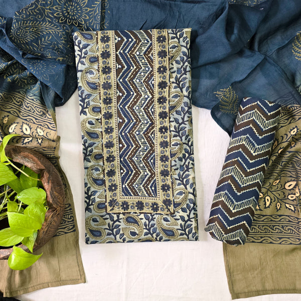 ANAYA- Soft Cotton Silk Vansapati  Blue Design Top And Blue With Grey Zig-Zag Soft Cotton Silk  Bottom And Cotton Silk Dupatta