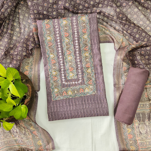 ANNU- Cotton Silk Purple With Yoke Top And Rayon Purple Botton And Linen Dupatta