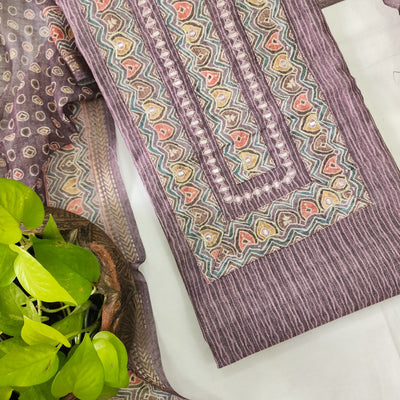 ANNU- Cotton Silk Purple With Yoke Top And Rayon Purple Botton And Linen Dupatta