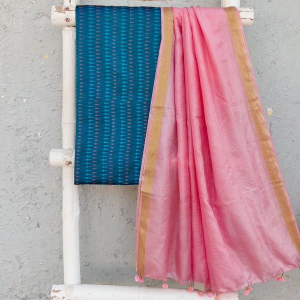 ANUBHA- Pure Cotton Mercerised Ikkat With Semi Kota Plain Dupatta Blue With Light Pink