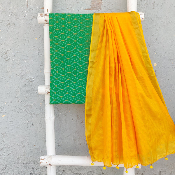 ANUBHA- Pure Cotton Mercerised Ikkat With Semi Kota Plain Dupatta Green With Yellow