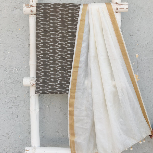 ANUBHA- Pure Cotton Mercerised Ikkat With Semi Kota Plain Dupatta Grey With White