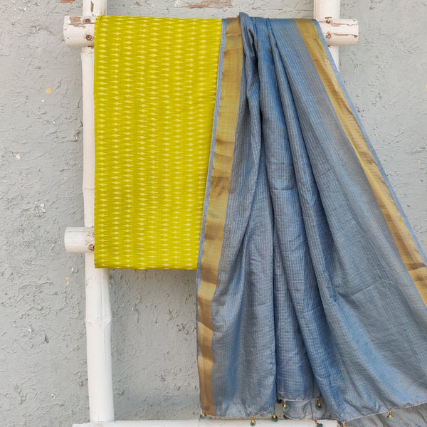 ANUBHA- Pure Cotton Mercerised Ikkat With Semi Kota Plain Dupatta Lime Yellow With Grey