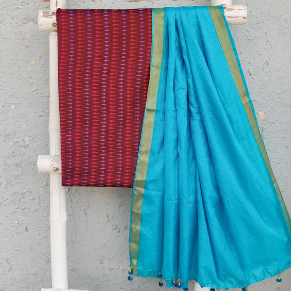 ANUBHA- Pure Cotton Mercerised Ikkat With Semi Kota Plain Dupatta Maroon With Blue