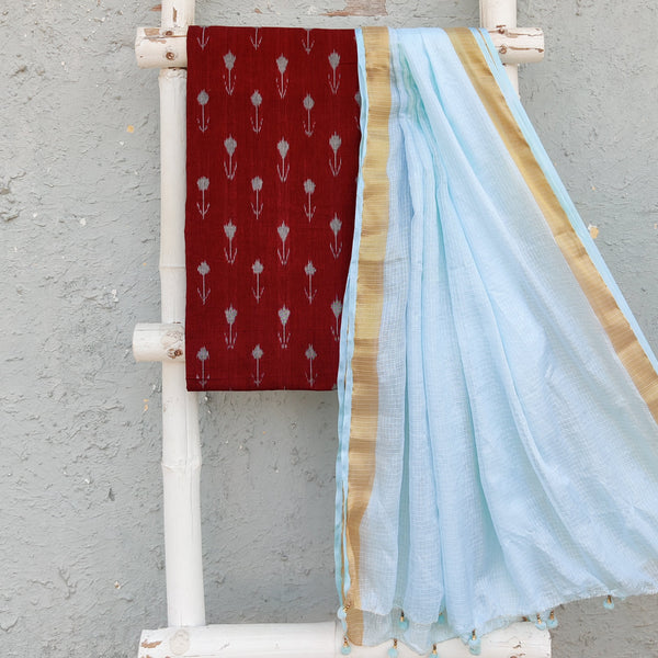 ANUBHA- Pure Cotton Mercerised Ikkat With Semi Kota Plain Dupatta Maroon With Light Blue