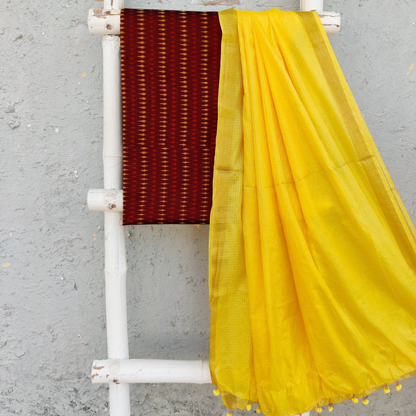ANUBHA- Pure Cotton Mercerised Ikkat With Semi Kota Plain Dupatta Maroon With Yellow