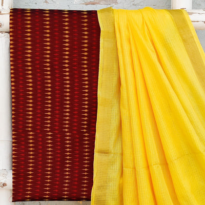ANUBHA- Pure Cotton Mercerised Ikkat With Semi Kota Plain Dupatta Maroon With Yellow