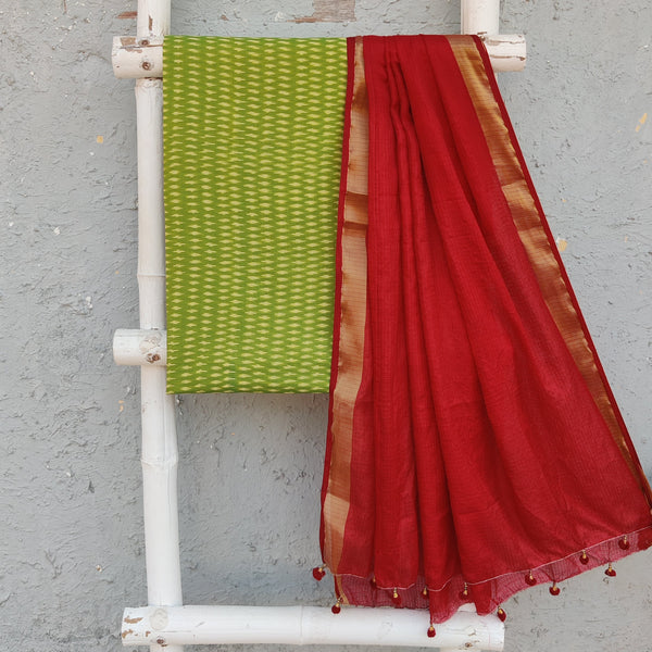 ANUBHA- Pure Cotton Mercerised Ikkat With Semi Kota Plain Dupatta Mehindi Green With Red