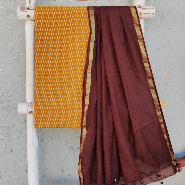 ANUBHA- Pure Cotton Mercerised Ikkat With Semi Kota Plain Dupatta Mustard With Brown