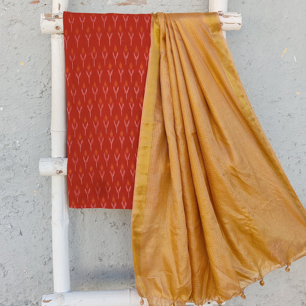 ANUBHA- Pure Cotton Mercerised Ikkat With Semi Kota Plain Dupatta Red With Light Golden