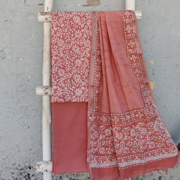ANUSHKA-Linen Cotton White With Peach Flower Jaal Top And Plain Peach Bottom And Linen  Dupatta