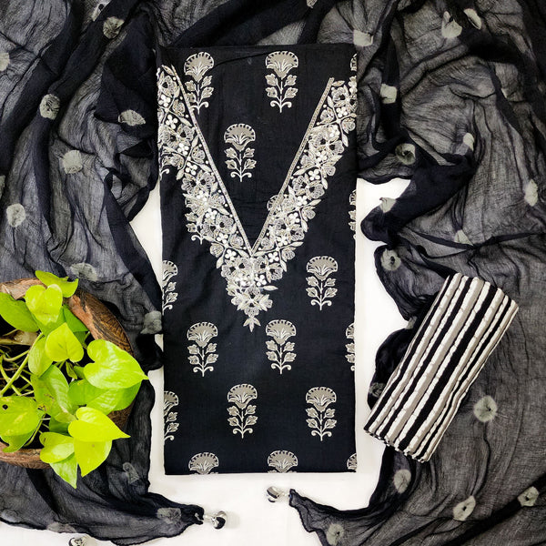 APARAJITA - Pure Cotton Embroidered Neck Top With Pure Cotton Bottom And A Bandhani Chiffon Dupatta