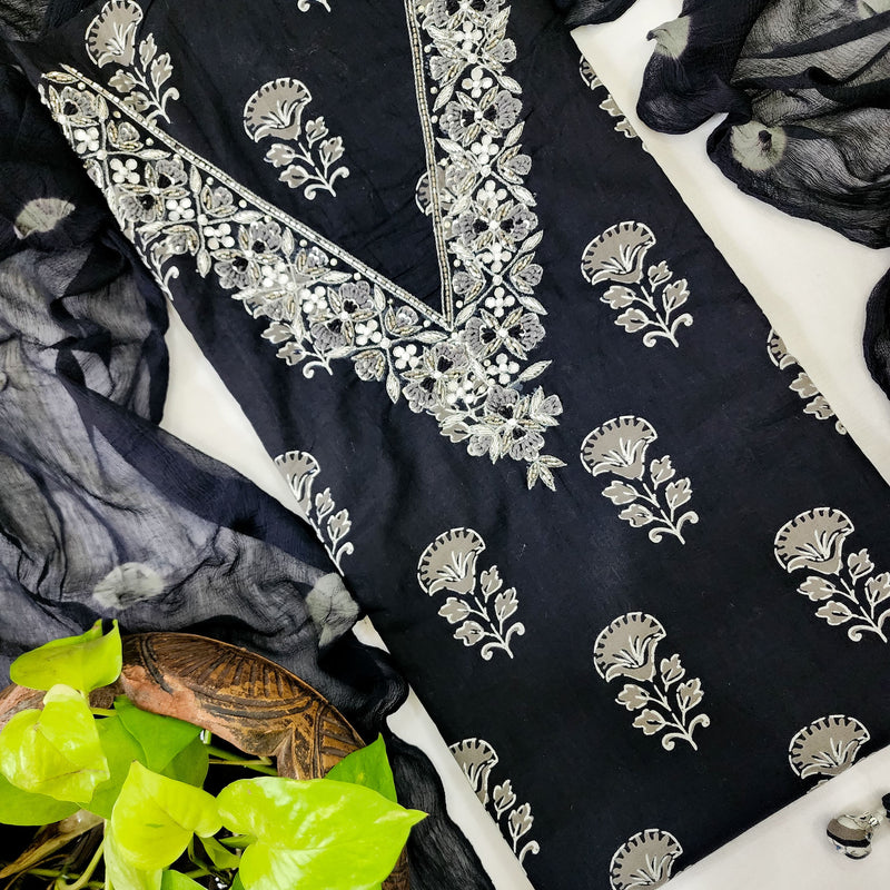 APARAJITA - Pure Cotton Embroidered Neck Top With Pure Cotton Bottom And A Bandhani Chiffon Dupatta
