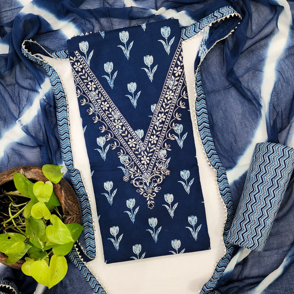 APARAJITA - Pure Cotton Embroidered Neck Top With Pure Cotton Bottom And A Shibori Chiffon Dupatta