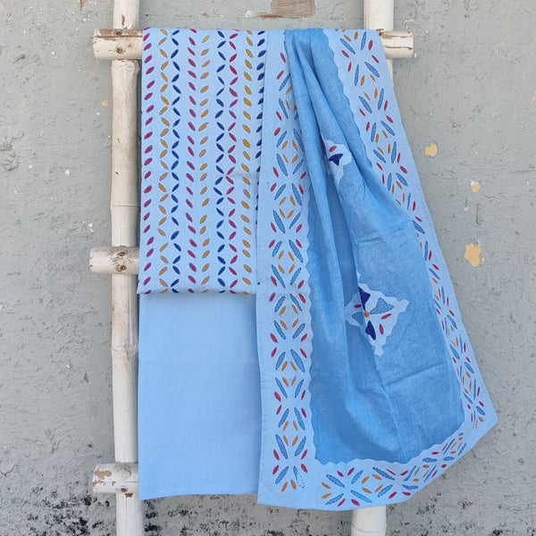 APPLIQUE QUEEN- Pure Cotton Monochrome Blue Applique With Different Colour Emboriderey Suit