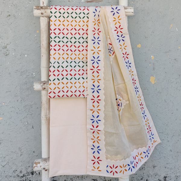 APPLIQUE QUEEN- Pure Cotton Monochrome Cream Applique With Different Colour Emboriderey Suit