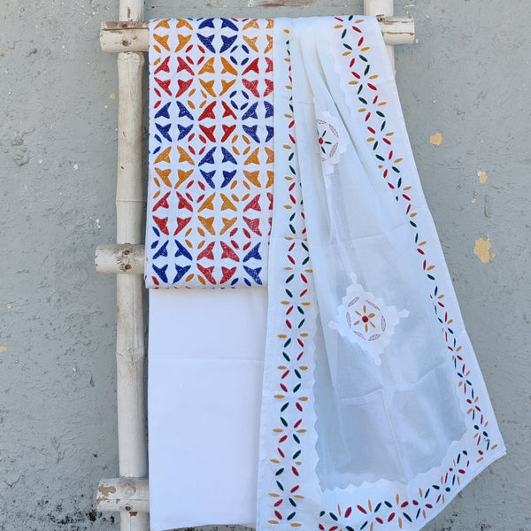 APPLIQUE QUEEN- Pure Cotton Monochrome White Applique With Different Colour Emboriderey Suit