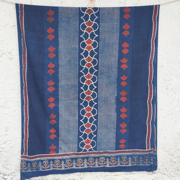 ARAAVIYA-Pure Cotton Ajrak Blue With Cream And Rust Border Pre-Design Unstitched Kurta