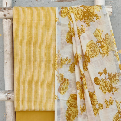 AVA-Pure Cotton Linen Mustard With White Stripes Top And Plain Mustard Cotton Bottom And White With Mustard Roses Dupatta Suit