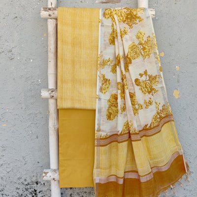 AVA-Pure Cotton Linen Mustard With White Stripes Top And Plain Mustard Cotton Bottom And White With Mustard Roses Dupatta Suit