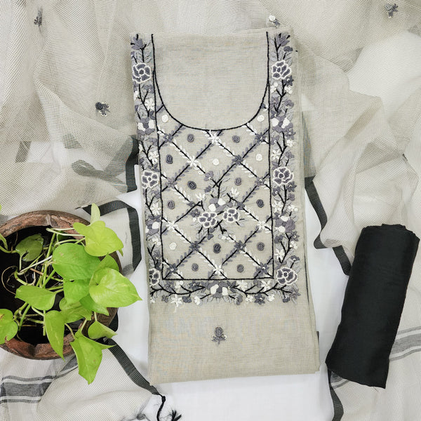 Amreen-Kota Grey With Emboriderey Yoke Top And Plain Black Cotton Bottom And Kota Dupatta Suit