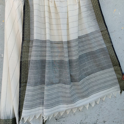 Anika-Pure Cotton Handloom  White And Black Saree