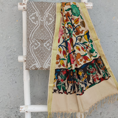 BANDHANI-KALAMKARI-Pure Cotton Bandhani Top Fabric With Hand Painted Kalamkari Dupatta  Grey With Cream