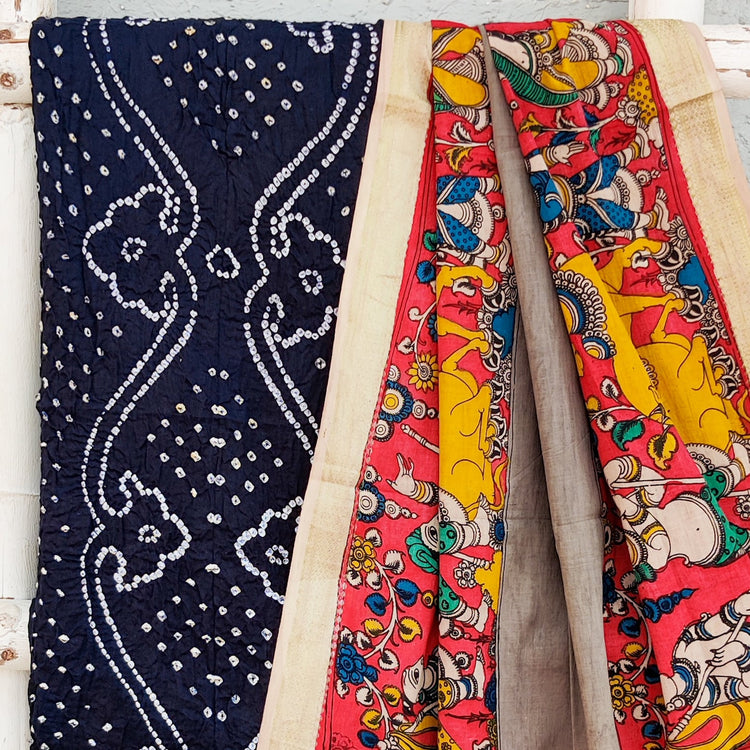 BANDHANI-KALAMKARI-Pure Cotton Bandhani Top Fabric With Hand Painted K ...