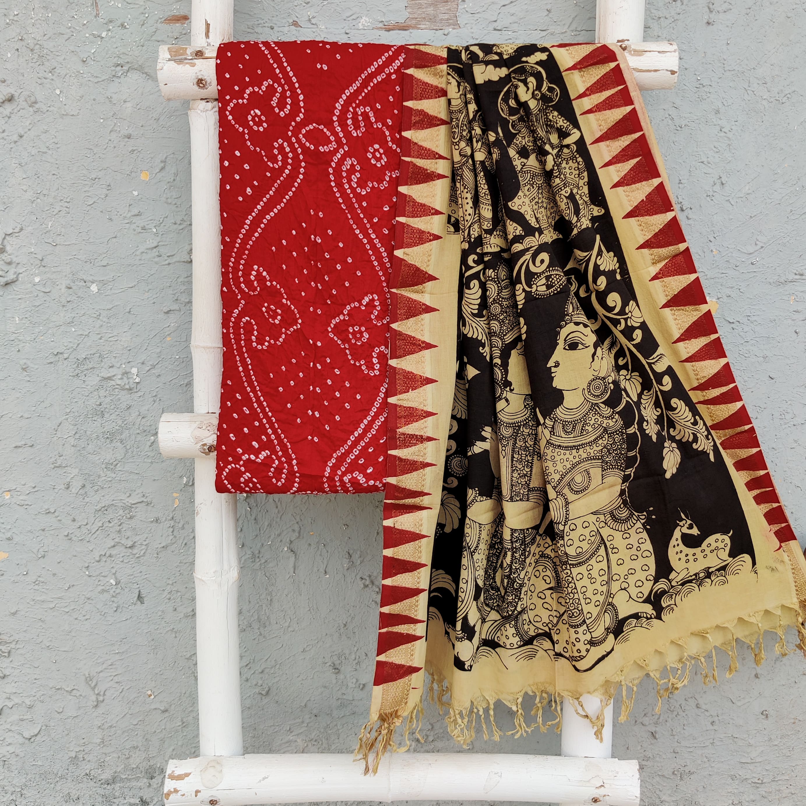 Bandhani Top BANDHANI-KALAMKARI-Pure Cotton Bandhani Top Fabric With Hand Painted K ...